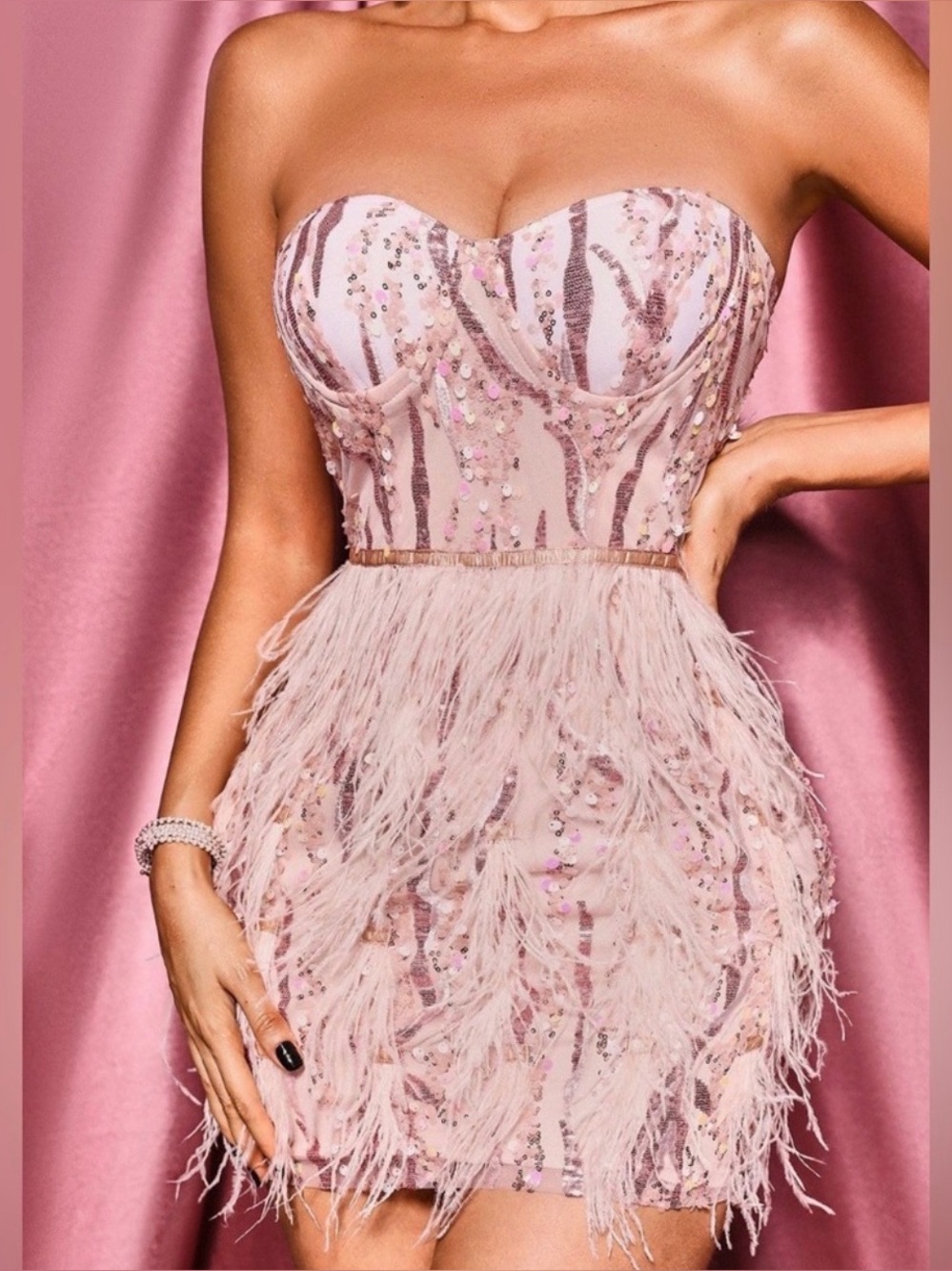 Bella Barnett - Small Pink Strapless Feather & Sequin Mini Dress